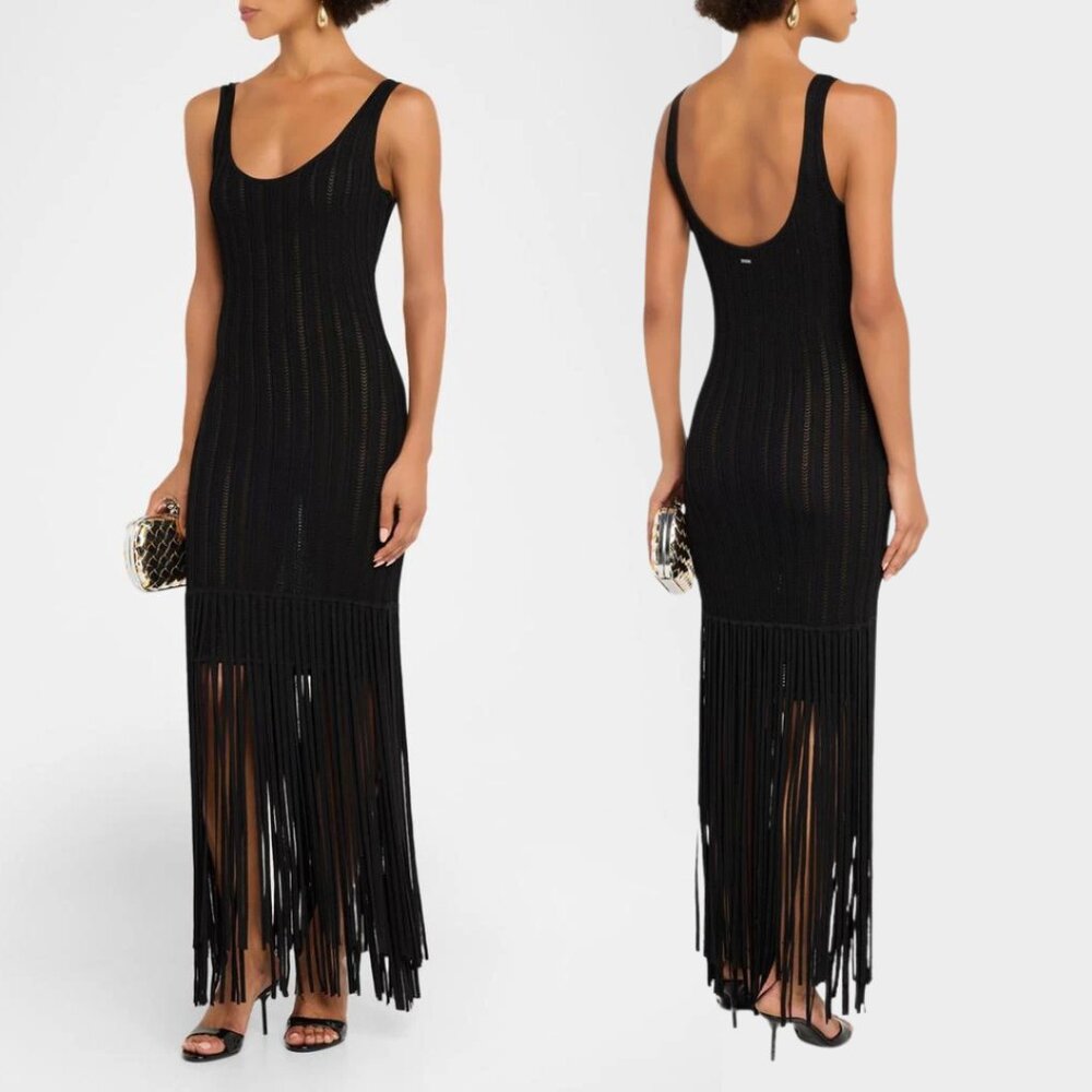 Toccin Women’s Lorelei Fringe-Trim Pointelle Midi Dress